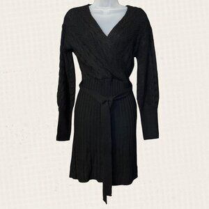 Derek Heart Black Cable-Knit Wrap Dress with Self Tie
